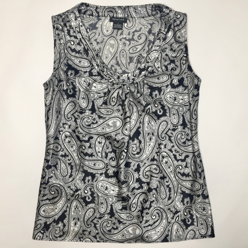 Spence Blouse Top Sz S Black & White Paisley